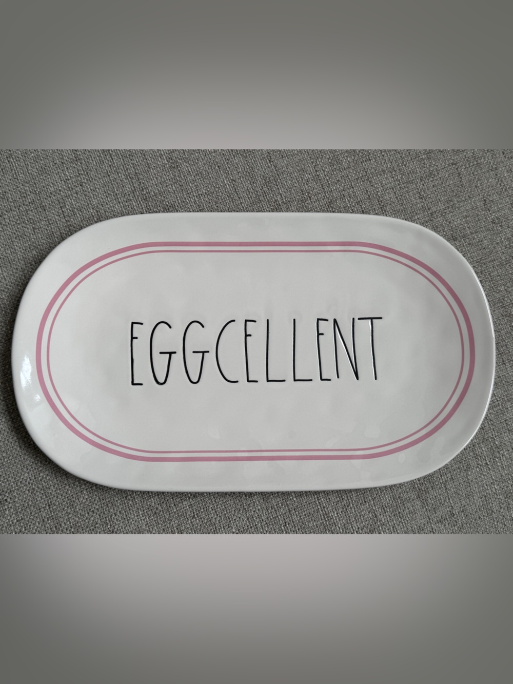 Rae Dunn White Platter with Pink Double-Ring and Black 'EGGCELLENT'